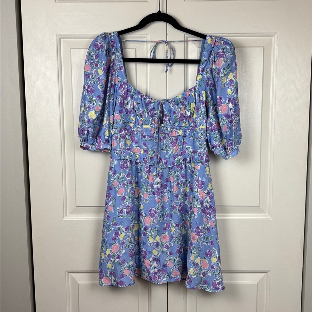 For Love & Lemons Charlene Puff Sleeve Mini Dress Blue Floral - Size S